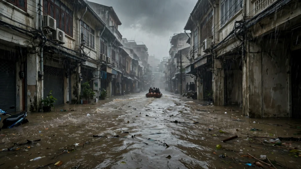 Bangkok Floods: Death Toll Passes 30 as 3.2 Million Hit Across Thailand 2 Flooded street in Bangkok with rescue boat