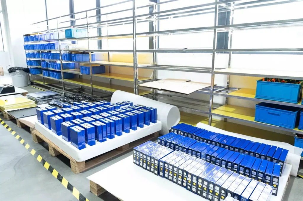 Stacks of lithium battery cells ready for pack assembly