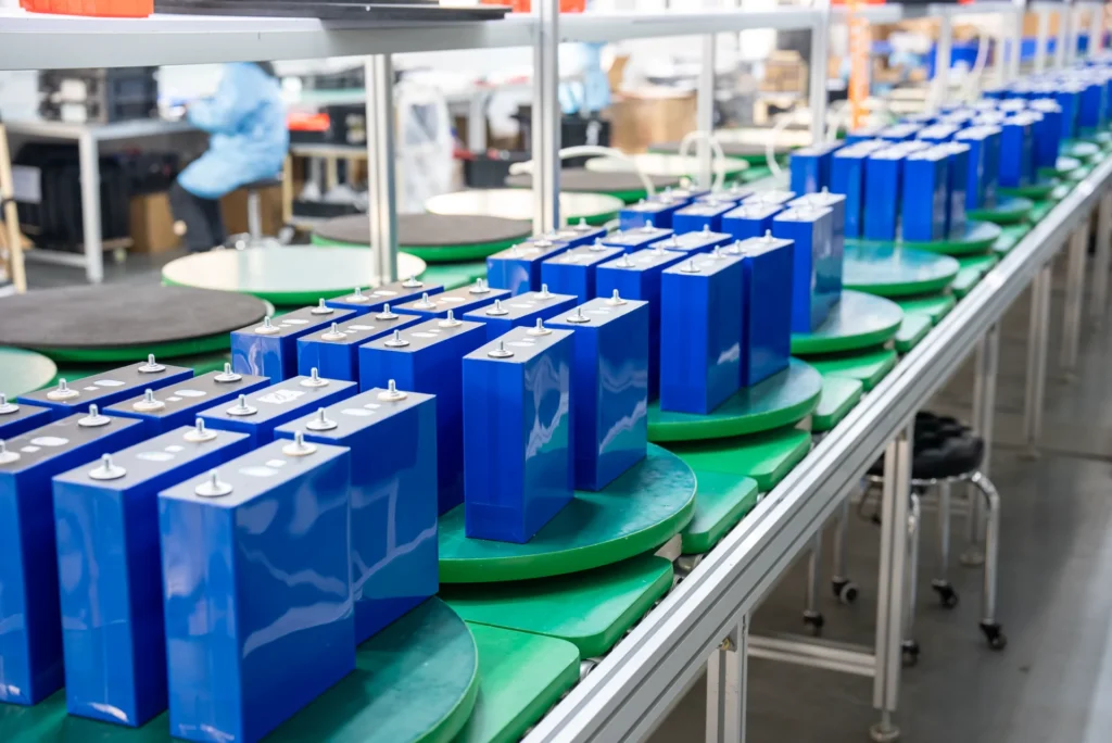 Lithium battery cells moving on a factory assembly line