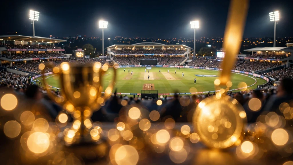 India Beat Pakistan by 19 Runs to Win Asian Games Cricket Gold 2 Cricket stadium at night with gold trophy concept