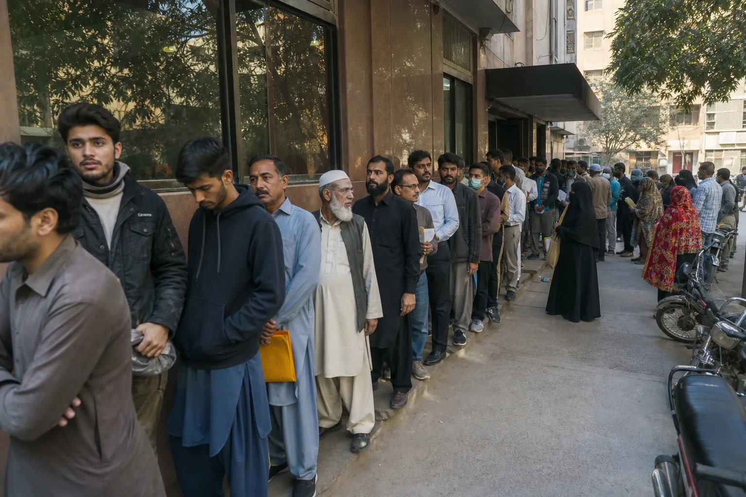 Applicants waiting in line outside a passport office