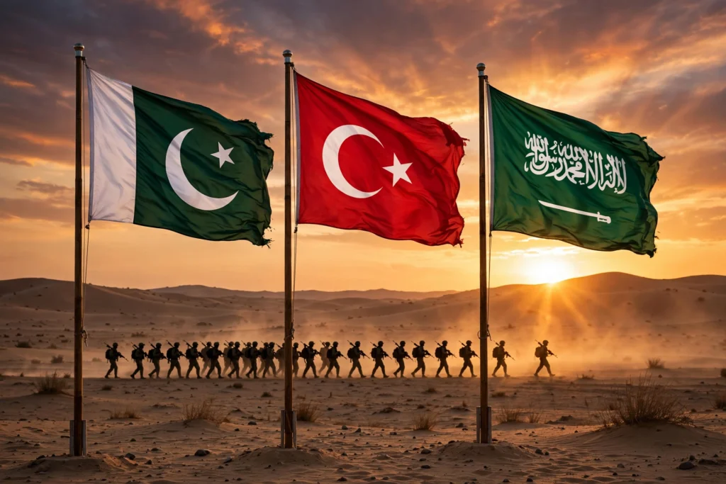 Soldier silhouettes with Pakistan Turkiye and Saudi flags