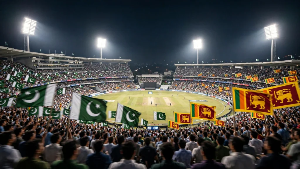 Cricket stadium at night with Pakistan and Sri Lanka flags