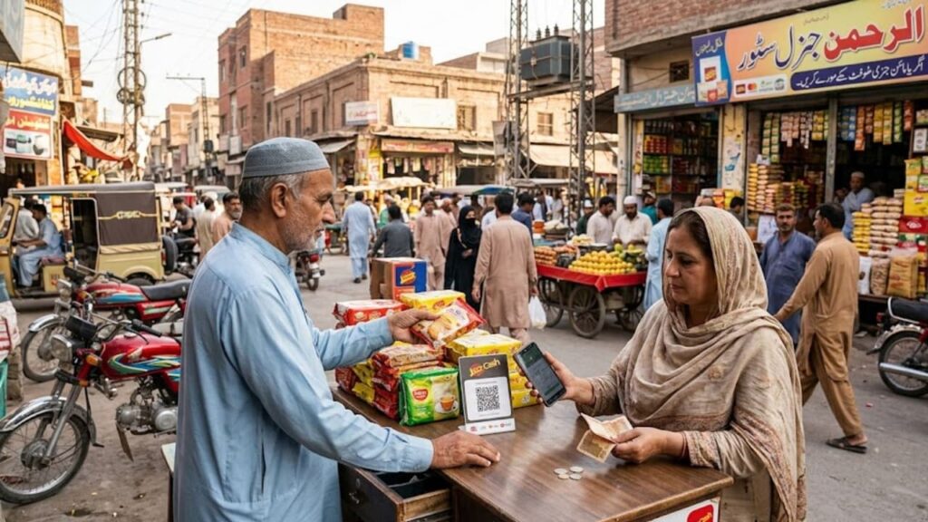JazzCash Raast QR Merchants Hit 1.9 Million as Cashless Pakistan Push Accelerates 2 Customer paying with phone via JazzCash QR code at a Pakistani market stall