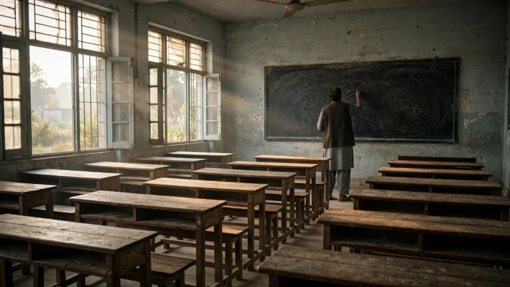 Teacher writing on blackboard in Pakistani classroom