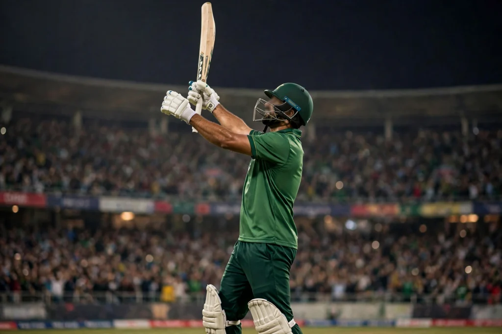 Pakistani batsman celebrating century in green jersey