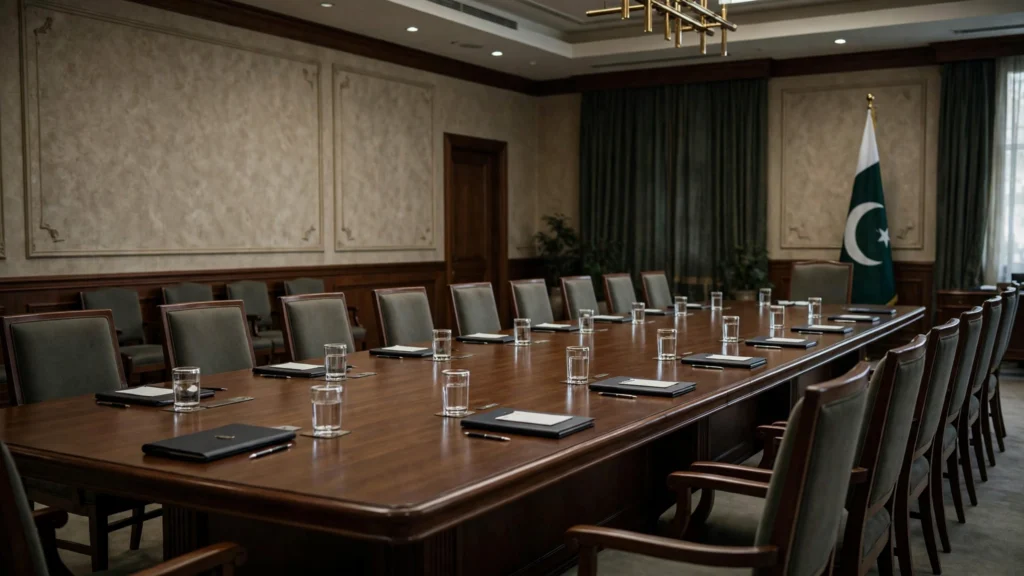 Empty negotiation table with Pakistan flag