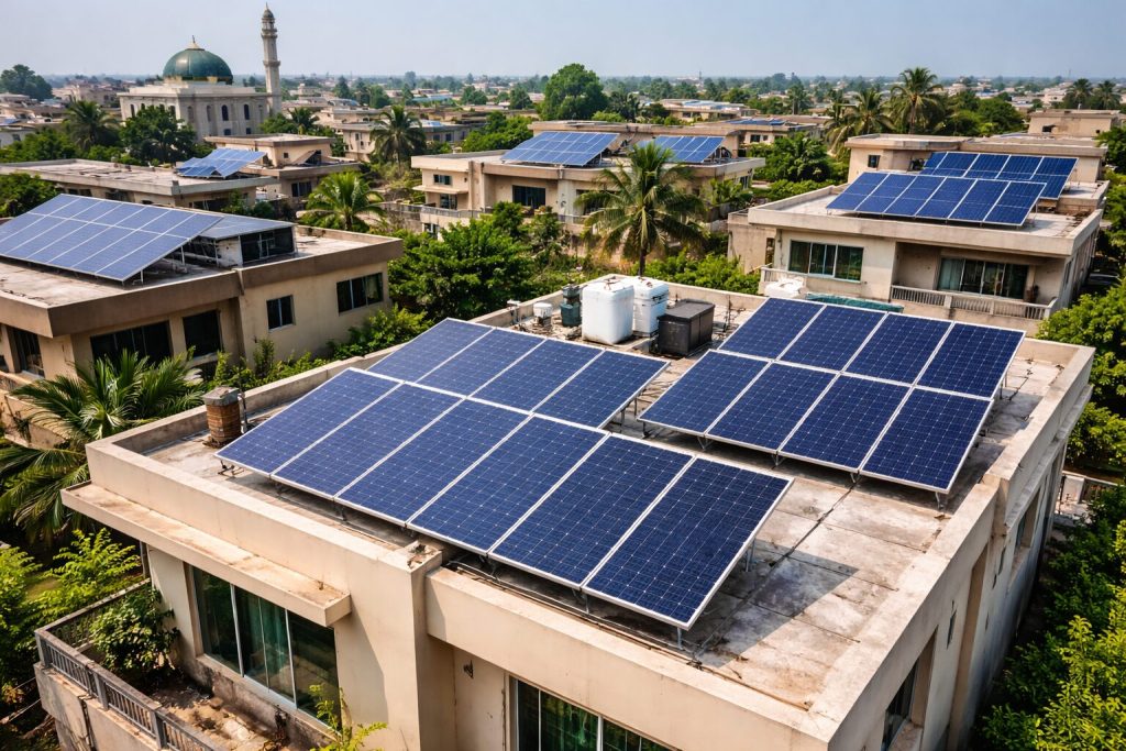Rooftop solar panels installed on homes in Pakistan