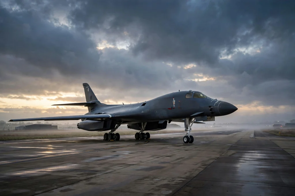 B-1 bomber aircraft on runway at dawn