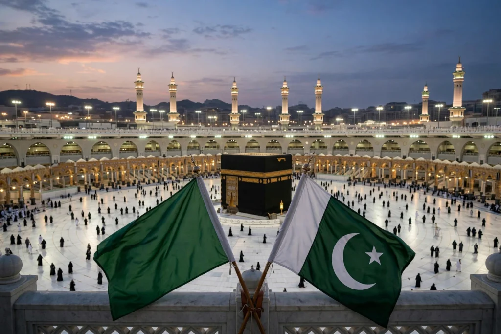 What Is the Makkah Pact? Pakistan-Saudi Arabia Defence Deal Explained 2 Kaaba in Makkah with Pakistan and Saudi Arabia flags