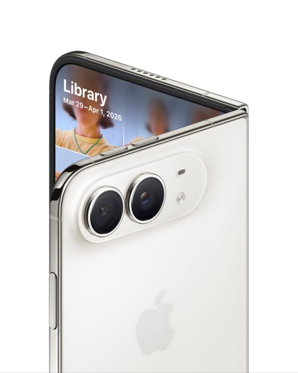 Close-up of the iPhone Duo rear showing the dual 48MP camera system in Star White