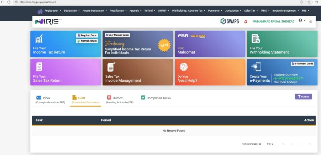 FBR IRIS portal dashboard