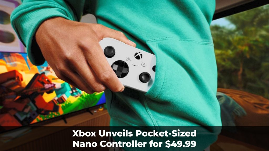 The Xbox Nano Controller in white being held in a hand, showing its pocket-sized design with Minecraft on a TV behind
