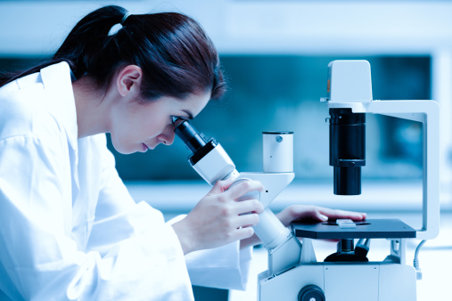 Researcher examining samples under a microscope in a cancer laboratory
