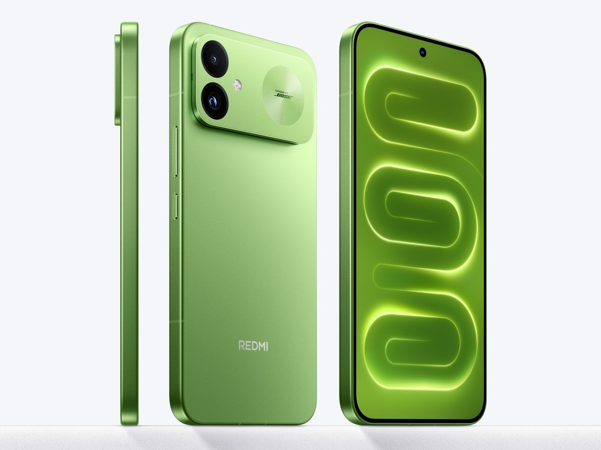 Redmi K100 in Firefly Green showing the rear camera module, dual lenses and BOSE sound branding
