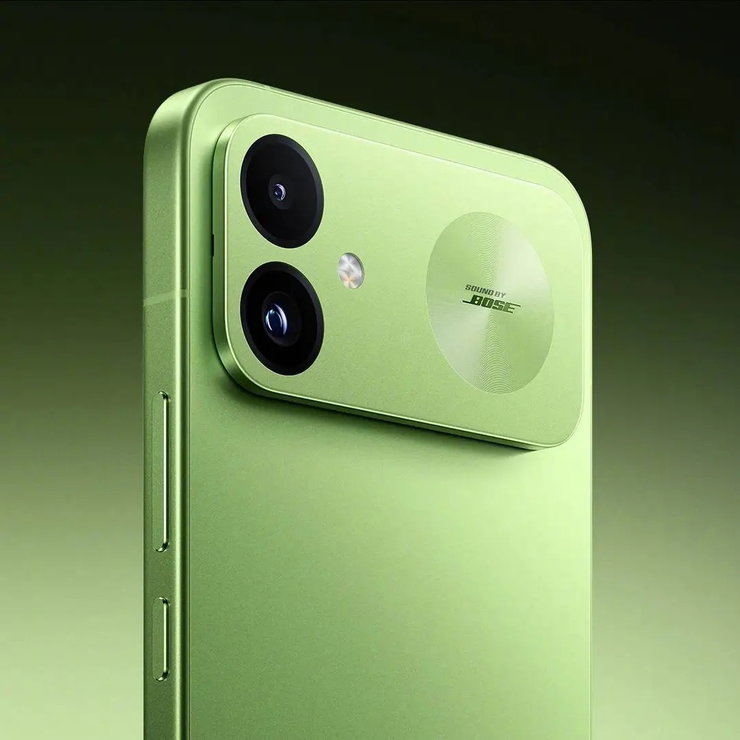 Redmi K100 Firefly Green rear camera module close-up with Sound by Bose branding
