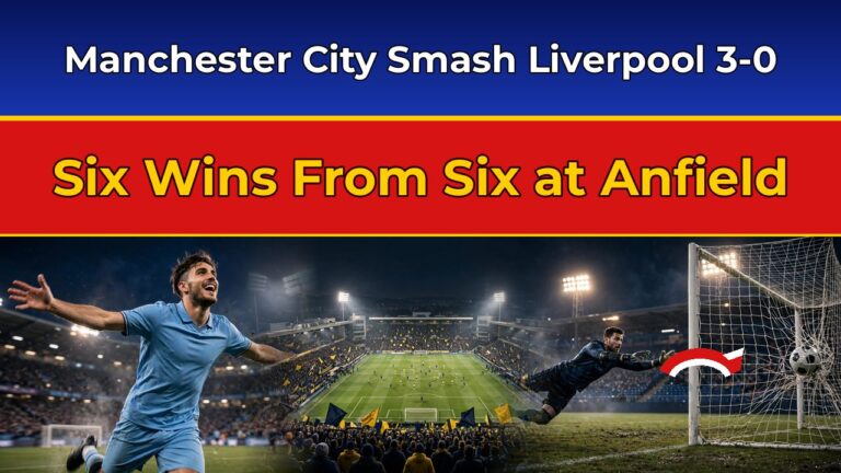 Manchester City celebrate a 3-0 win over Liverpool at Anfield