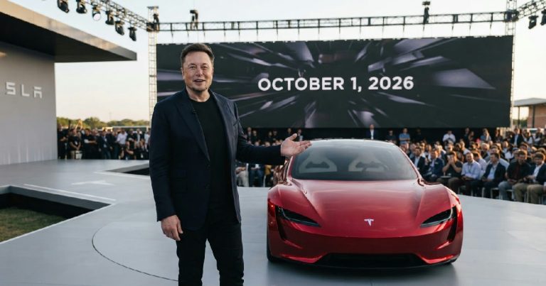 Elon Musk with the Tesla Roadster at the unveiling